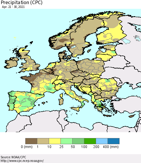Europe Precipitation (CPC) Thematic Map For 4/21/2021 - 4/30/2021