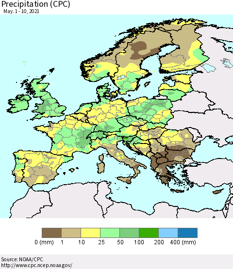 Europe Precipitation (CPC) Thematic Map For 5/1/2021 - 5/10/2021