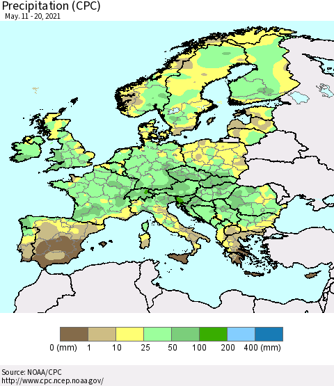 Europe Precipitation (CPC) Thematic Map For 5/11/2021 - 5/20/2021