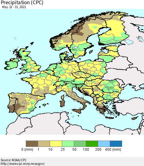 Europe Precipitation (CPC) Thematic Map For 5/21/2021 - 5/31/2021