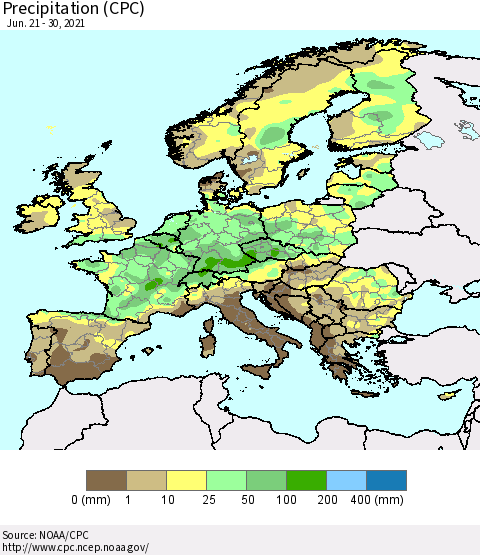 Europe Precipitation (CPC) Thematic Map For 6/21/2021 - 6/30/2021