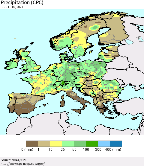 Europe Precipitation (CPC) Thematic Map For 7/1/2021 - 7/10/2021