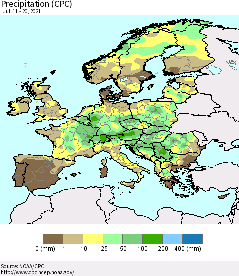 Europe Precipitation (CPC) Thematic Map For 7/11/2021 - 7/20/2021