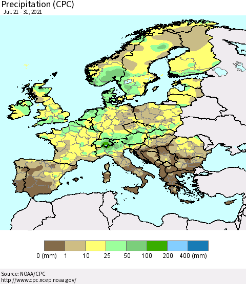 Europe Precipitation (CPC) Thematic Map For 7/21/2021 - 7/31/2021