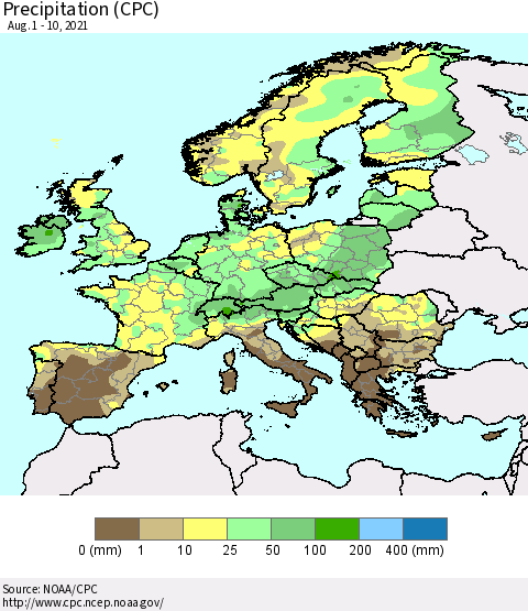 Europe Precipitation (CPC) Thematic Map For 8/1/2021 - 8/10/2021