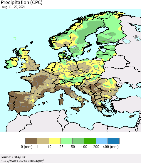 Europe Precipitation (CPC) Thematic Map For 8/11/2021 - 8/20/2021