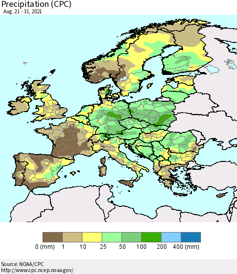 Europe Precipitation (CPC) Thematic Map For 8/21/2021 - 8/31/2021