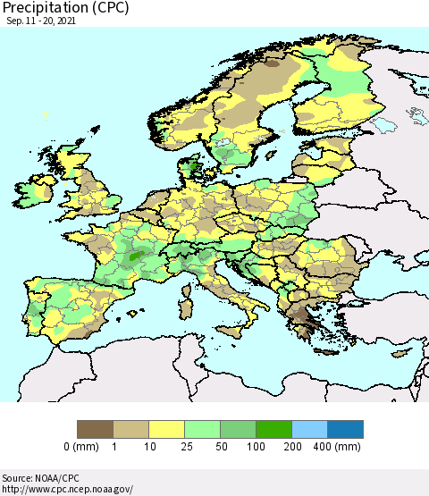 Europe Precipitation (CPC) Thematic Map For 9/11/2021 - 9/20/2021