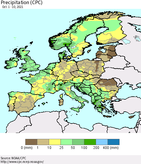 Europe Precipitation (CPC) Thematic Map For 10/1/2021 - 10/10/2021