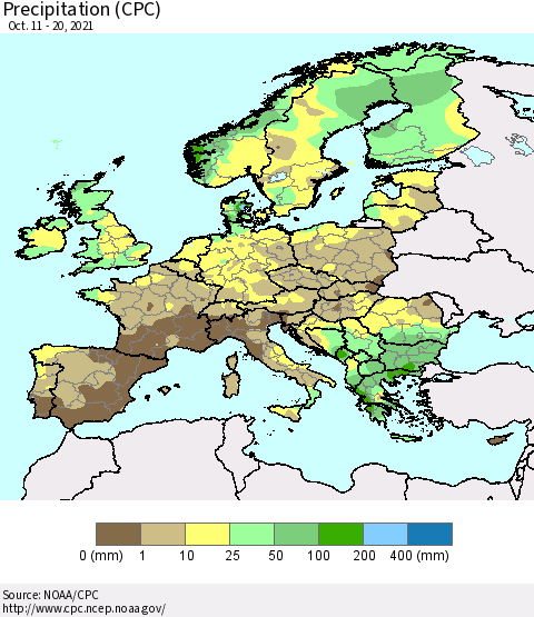 Europe Precipitation (CPC) Thematic Map For 10/11/2021 - 10/20/2021