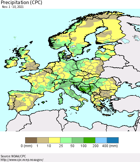 Europe Precipitation (CPC) Thematic Map For 11/1/2021 - 11/10/2021