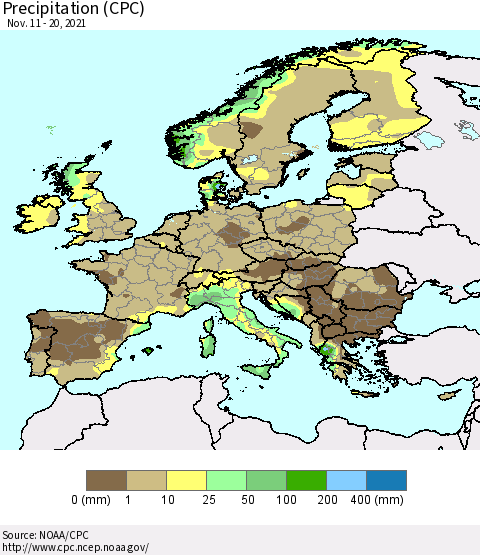 Europe Precipitation (CPC) Thematic Map For 11/11/2021 - 11/20/2021