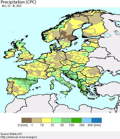 Europe Precipitation (CPC) Thematic Map For 11/21/2021 - 11/30/2021
