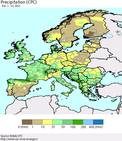 Europe Precipitation (CPC) Thematic Map For 12/1/2021 - 12/10/2021