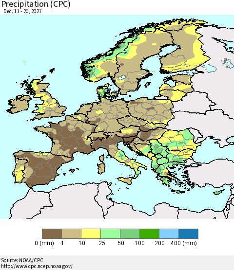 Europe Precipitation (CPC) Thematic Map For 12/11/2021 - 12/20/2021