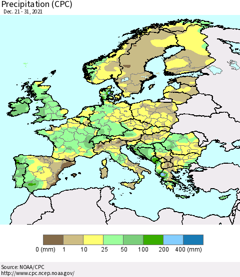Europe Precipitation (CPC) Thematic Map For 12/21/2021 - 12/31/2021