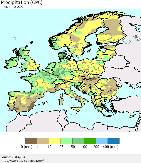 Europe Precipitation (CPC) Thematic Map For 1/1/2022 - 1/10/2022