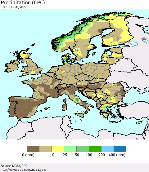 Europe Precipitation (CPC) Thematic Map For 1/11/2022 - 1/20/2022