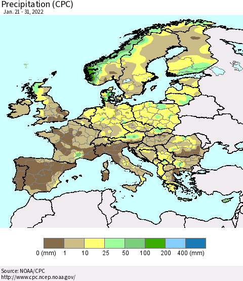 Europe Precipitation (CPC) Thematic Map For 1/21/2022 - 1/31/2022