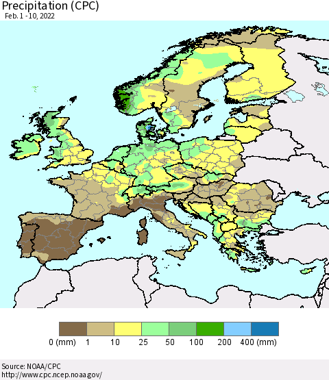 Europe Precipitation (CPC) Thematic Map For 2/1/2022 - 2/10/2022