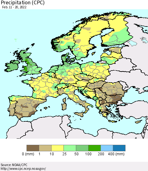Europe Precipitation (CPC) Thematic Map For 2/11/2022 - 2/20/2022