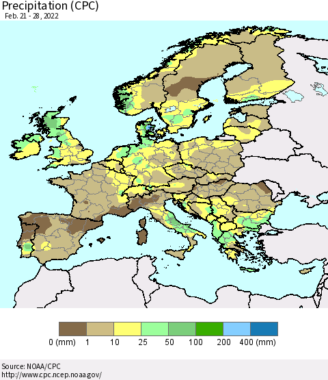 Europe Precipitation (CPC) Thematic Map For 2/21/2022 - 2/28/2022