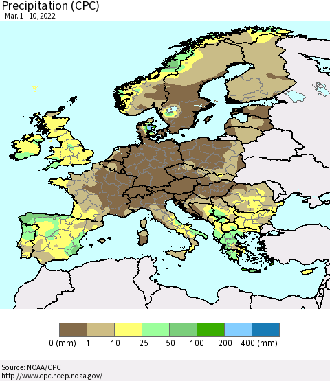 Europe Precipitation (CPC) Thematic Map For 3/1/2022 - 3/10/2022