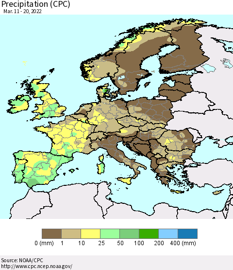 Europe Precipitation (CPC) Thematic Map For 3/11/2022 - 3/20/2022