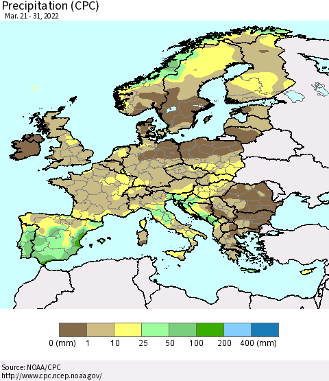 Europe Precipitation (CPC) Thematic Map For 3/21/2022 - 3/31/2022