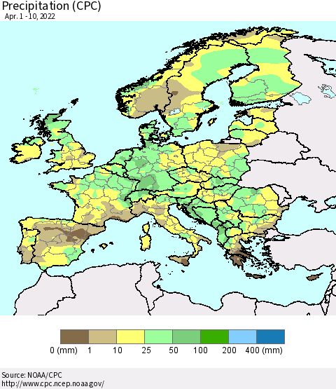 Europe Precipitation (CPC) Thematic Map For 4/1/2022 - 4/10/2022