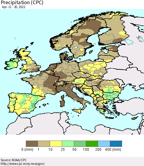Europe Precipitation (CPC) Thematic Map For 4/11/2022 - 4/20/2022