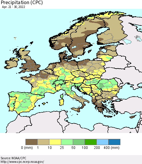 Europe Precipitation (CPC) Thematic Map For 4/21/2022 - 4/30/2022