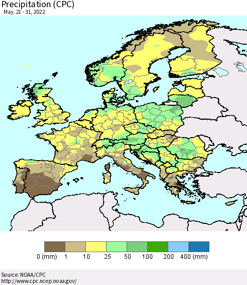 Europe Precipitation (CPC) Thematic Map For 5/21/2022 - 5/31/2022