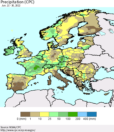 Europe Precipitation (CPC) Thematic Map For 6/21/2022 - 6/30/2022