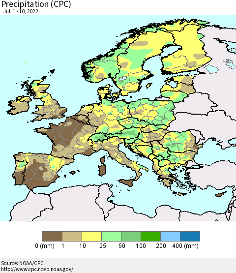 Europe Precipitation (CPC) Thematic Map For 7/1/2022 - 7/10/2022