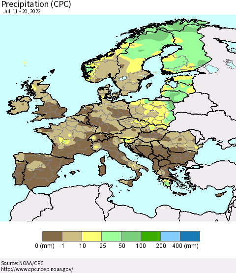 Europe Precipitation (CPC) Thematic Map For 7/11/2022 - 7/20/2022