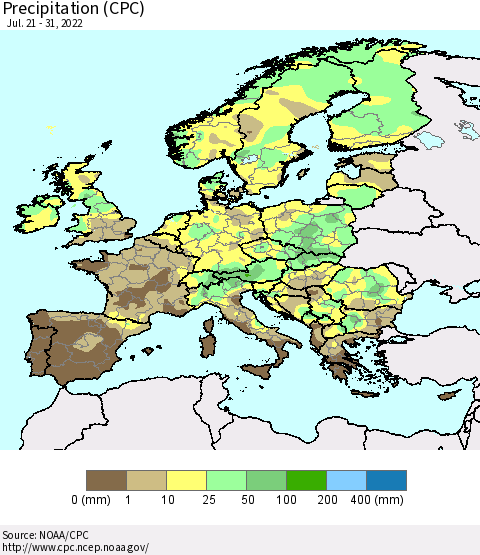 Europe Precipitation (CPC) Thematic Map For 7/21/2022 - 7/31/2022