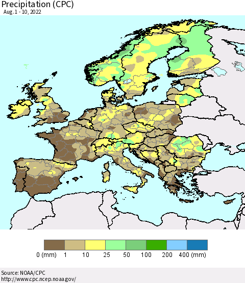 Europe Precipitation (CPC) Thematic Map For 8/1/2022 - 8/10/2022