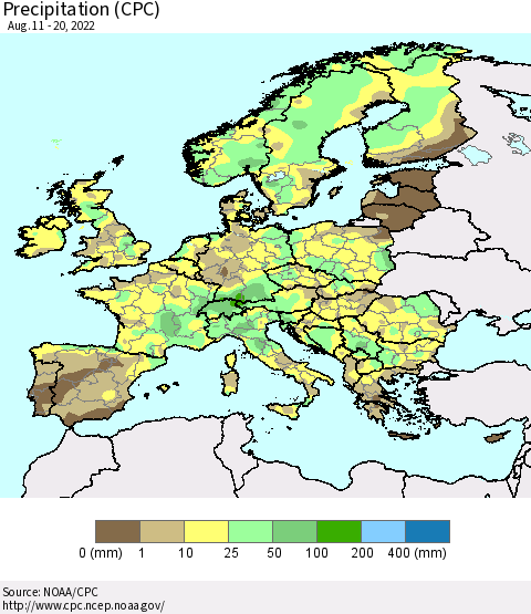 Europe Precipitation (CPC) Thematic Map For 8/11/2022 - 8/20/2022