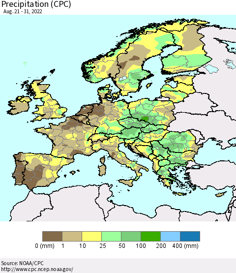 Europe Precipitation (CPC) Thematic Map For 8/21/2022 - 8/31/2022