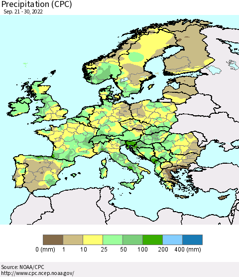 Europe Precipitation (CPC) Thematic Map For 9/21/2022 - 9/30/2022