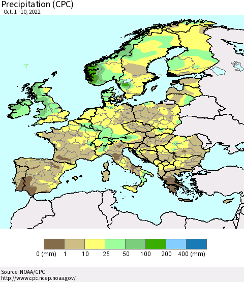 Europe Precipitation (CPC) Thematic Map For 10/1/2022 - 10/10/2022