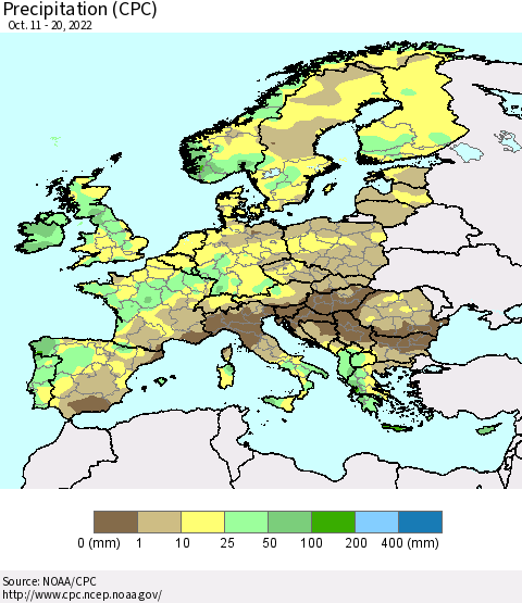 Europe Precipitation (CPC) Thematic Map For 10/11/2022 - 10/20/2022