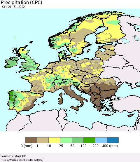 Europe Precipitation (CPC) Thematic Map For 10/21/2022 - 10/31/2022