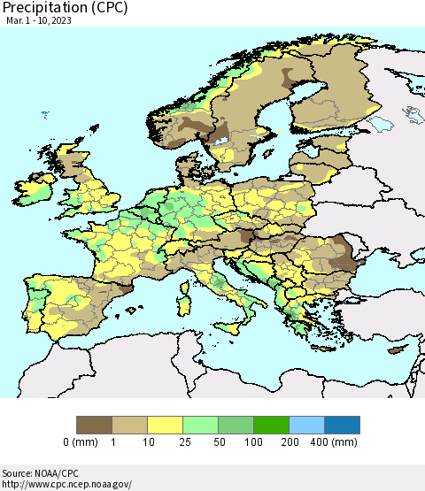 Europe Precipitation (CPC) Thematic Map For 3/1/2023 - 3/10/2023