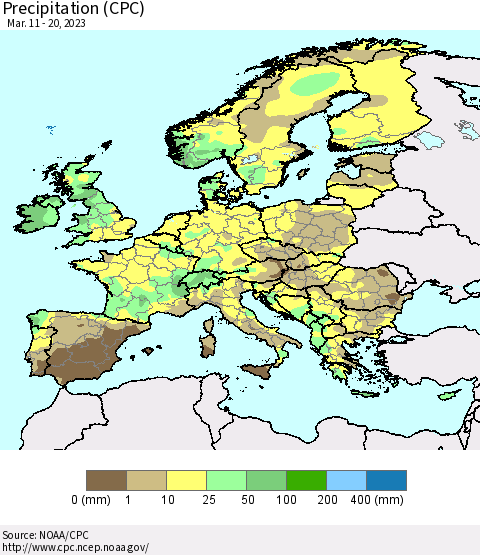 Europe Precipitation (CPC) Thematic Map For 3/11/2023 - 3/20/2023