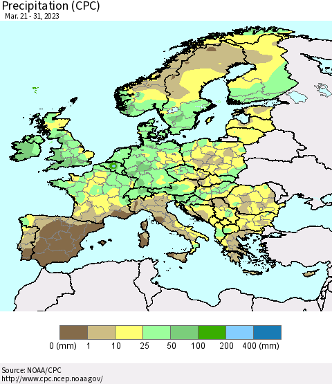 Europe Precipitation (CPC) Thematic Map For 3/21/2023 - 3/31/2023