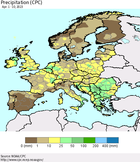 Europe Precipitation (CPC) Thematic Map For 4/1/2023 - 4/10/2023