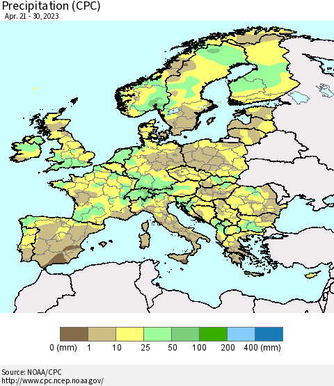 Europe Precipitation (CPC) Thematic Map For 4/21/2023 - 4/30/2023