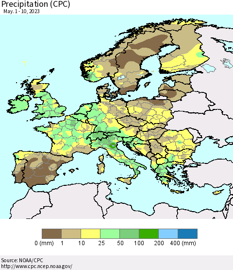 Europe Precipitation (CPC) Thematic Map For 5/1/2023 - 5/10/2023